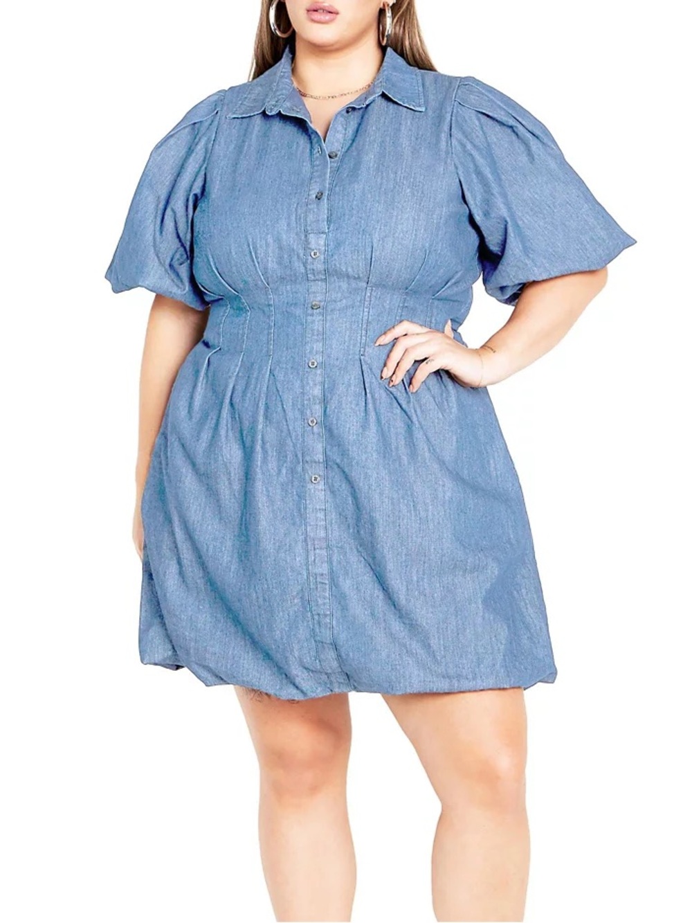 City Chic Ella Denim Shirt Dress Puff Sleeve Button Front Chambray Mini 20 NWT - Picture 3 of 15